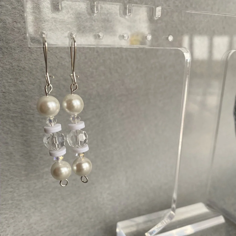 Hand crafted clear, and white faux‎ pearl long dangle earrings